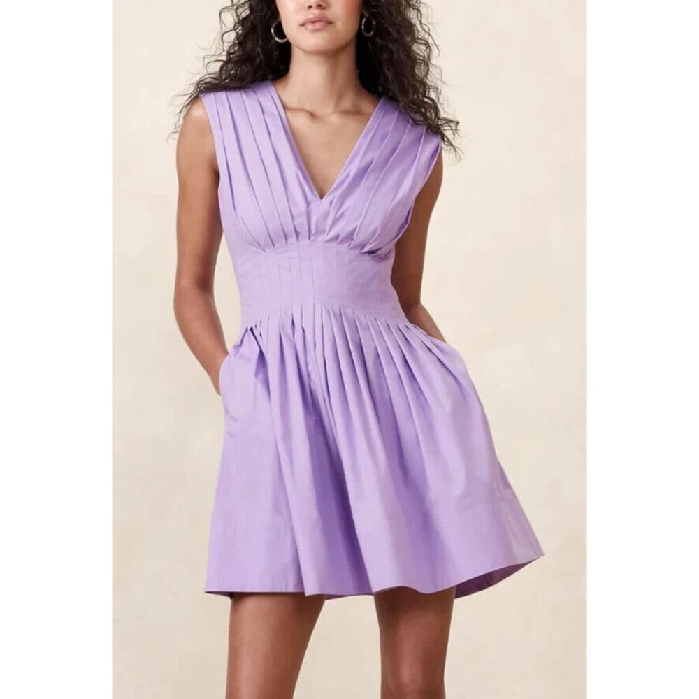 Banana Republic Cici Poplin V-Neck Pleated Fit & Flare Dress Purple Rose 10